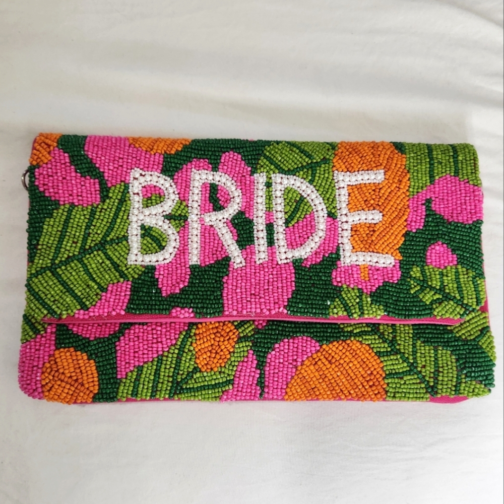Beaded BRIDE Clutch Hot Pink With Tropical Beads Chain Strap